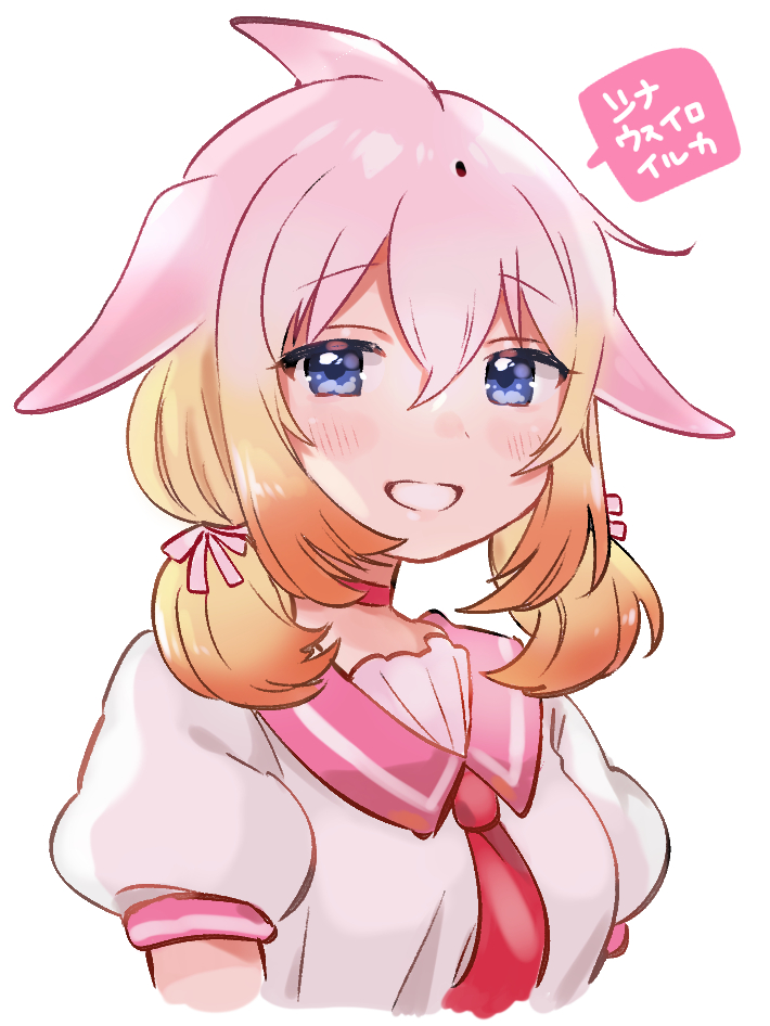 1girl blowhole blue_eyes blush bow chinese_white_dolphin_(kemono_friends) dorsal_fin duplicate hair_bow kemono_friends multicolored_hair necktie orange_hair pink_bow pink_hair puffy_short_sleeves puffy_sleeves red_necktie sailor_collar sailor_shirt shirt short_hair short_sleeves short_twintails smile solo suicchonsuisui translated twintails upper_body white_shirt