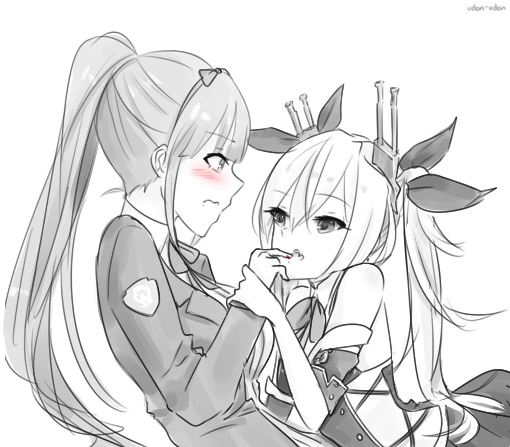 2girls azur_lane biting blush gloves long_hair multiple_girls ponytail shropshire_(azur_lane) simple_background twintails udon-udon upper_body vampire_(azur_lane) white_background