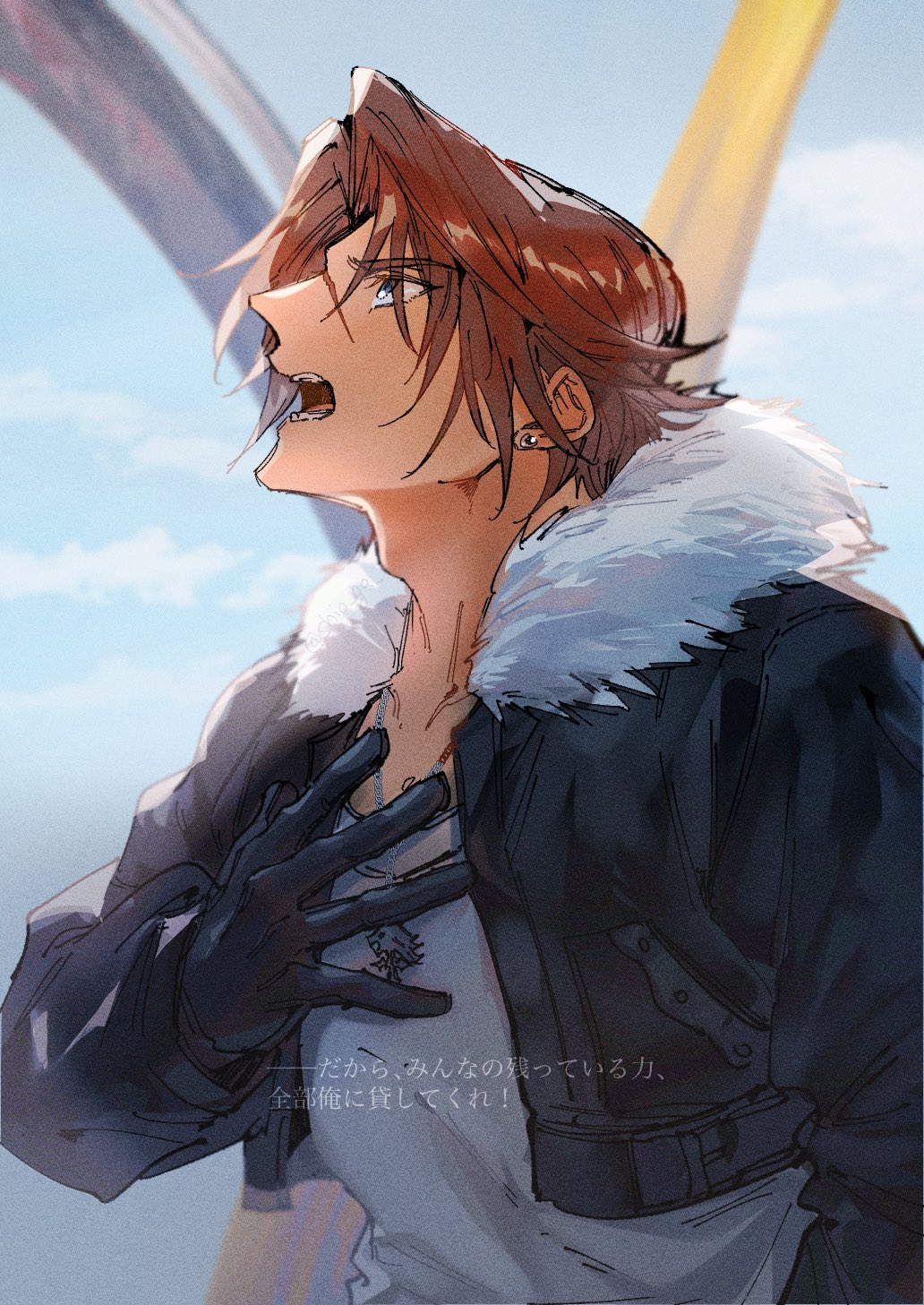 1boy black_jacket blue_eyes blurry blurry_background brown_hair chain chain_necklace cropped_jacket earrings final_fantasy final_fantasy_viii fur-trimmed_jacket fur_trim hair_between_eyes hand_on_own_chest highres jacket jewelry leather leather_jacket long_sleeves male_focus necklace open_mouth parted_bangs scar scar_on_face scar_on_forehead shio_ga shirt short_hair single_earring solo squall_leonhart talking upper_body white_fur white_shirt