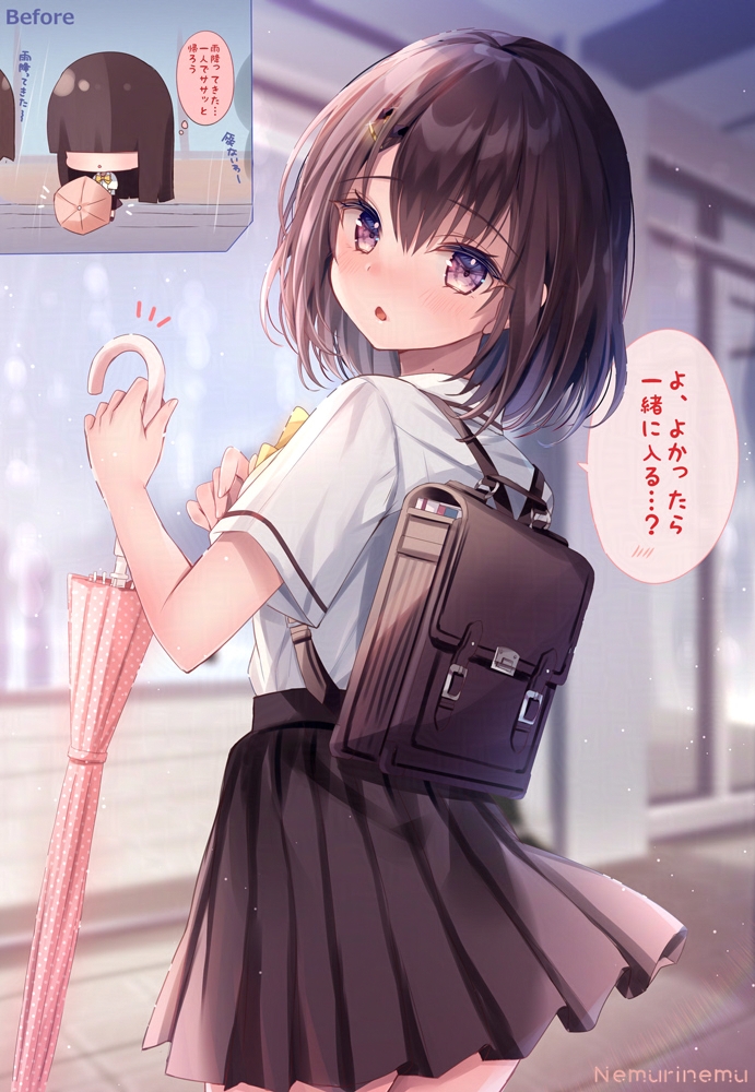 1girl backpack bag blush bow bowtie brown_hair brown_skirt chibi collared_shirt commentary_request cowboy_shot from_behind holding holding_umbrella looking_at_viewer multiple_views nemuri_nemu open_mouth original pink_umbrella pleated_skirt polka_dot polka_dot_umbrella purple_eyes rain school_uniform shirt short_hair short_sleeves skirt speech_bubble translation_request umbrella white_shirt yellow_bow yellow_bowtie