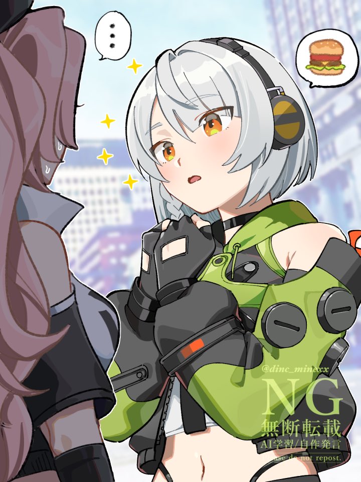 ... 2girls anby_demara bare_shoulders black_gloves black_ribbon blurry blurry_background braid braided_sidelock breasts burger clothing_cutout commentary_request fingerless_gloves food glove_cutout gloves green_jacket green_sleeves grey_hair headphones jacket large_breasts long_hair looking_at_another midriff mine_(myfoot916) multicolored_sleeves multiple_girls navel nicole_demara open_mouth orange_eyes outdoors pink_hair ribbon short_hair shoulder_cutout sleeveless sleeveless_jacket sparkle spoken_food sweat twitter_username zenless_zone_zero