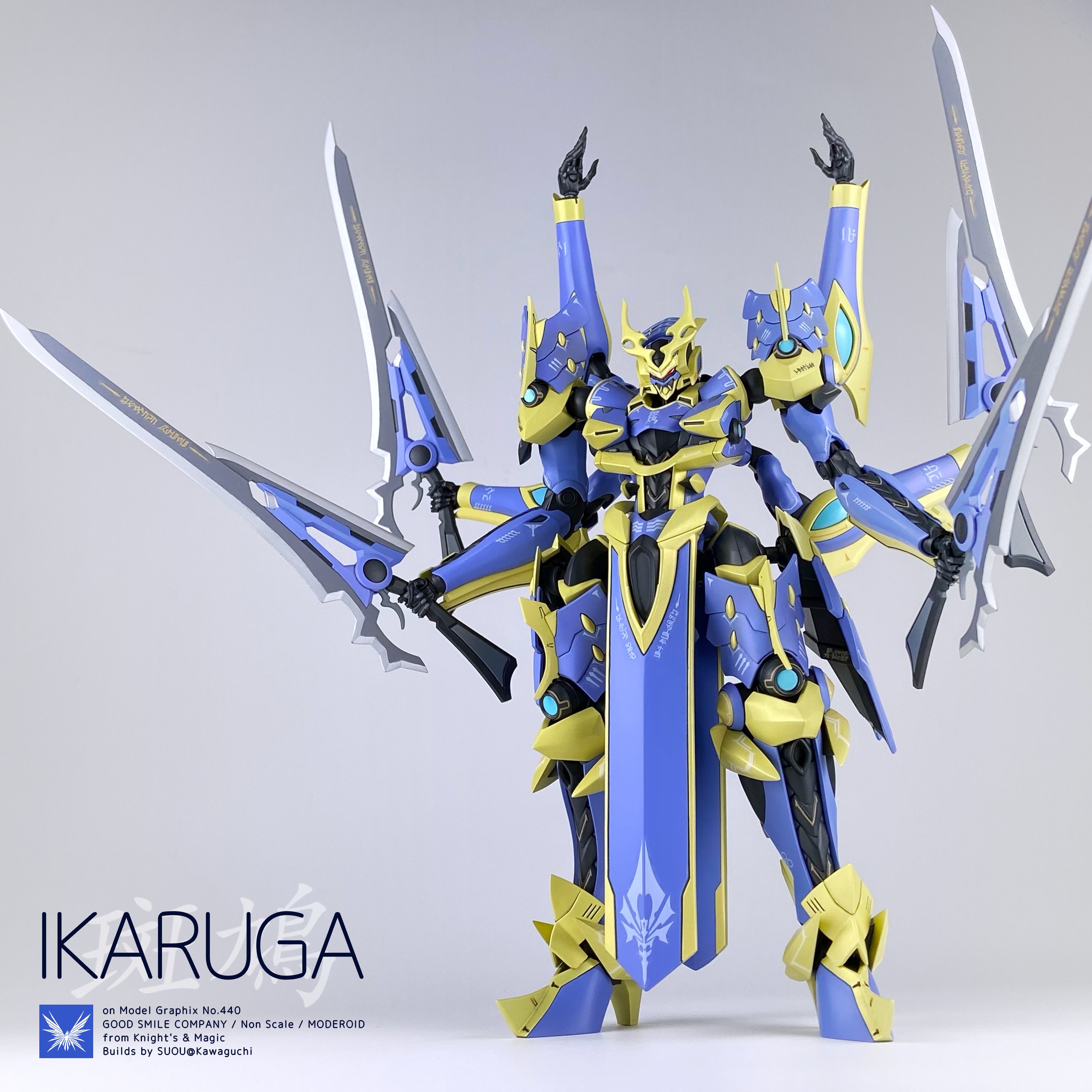 absurdres character_name copyright_name extra_arms grey_background highres holding holding_sword holding_weapon ikaruga_(knight's_&_magic) knight's_&_magic logo looking_down mecha model_kit model_kit_(medium) moderoid official_art photo_(medium) promotional_art red_eyes robot science_fiction standing suo_(suou_ray) sword unconventional_media weapon