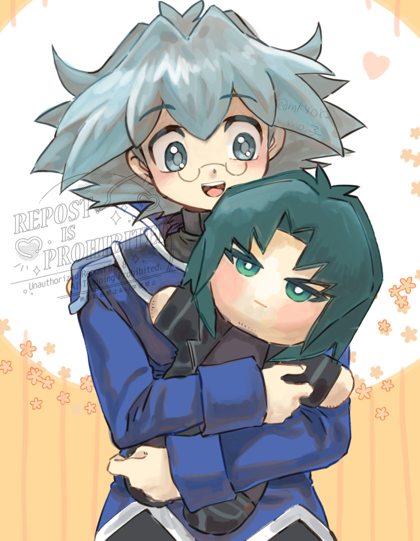 1boy blue_hair blue_jacket character_doll doll duel_academy_uniform_(yu-gi-oh!_gx) glasses hair_between_eyes heart holding holding_doll jacket long_sleeves male_focus marufuji_ryo marufuji_sho moiko open_mouth short_hair signature upper_body watermark yu-gi-oh! yu-gi-oh!_gx