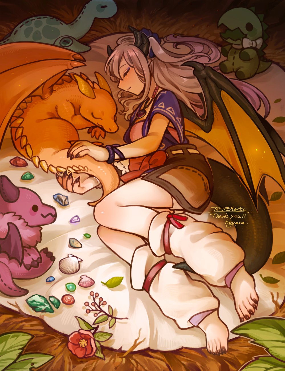 1girl barefoot claws closed_eyes commentary_request commission dragon dragon_girl dragon_horns dragon_tail dragon_wings full_body highres hogara holding_another&#039;s_tail horns leg_warmers long_hair lying nest on_side original purple_hair purple_shirt shirt skeb_commission skirt sleeping solo stuffed_animal stuffed_dragon stuffed_toy tail western_dragon wings
