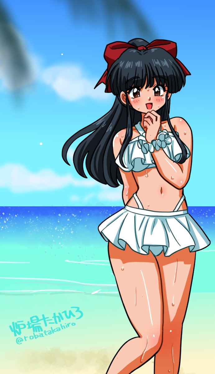 1girl artist_name beach bikini bikini_skirt black_hair blue_sky bow breasts brown_eyes cloud commentary day feet_out_of_frame hair_bow hair_ribbon highres horizon legs long_hair medium_breasts multi-strapped_bikini_bottom navel ocean outdoors ponytail red_bow ribbon ruffle_bikini sakura_taisen shinguuji_sakura sky smile solo swimsuit thighs thong_bikini twitter_username wanta_(futoshi) whale_tail_(clothing) white_bikini
