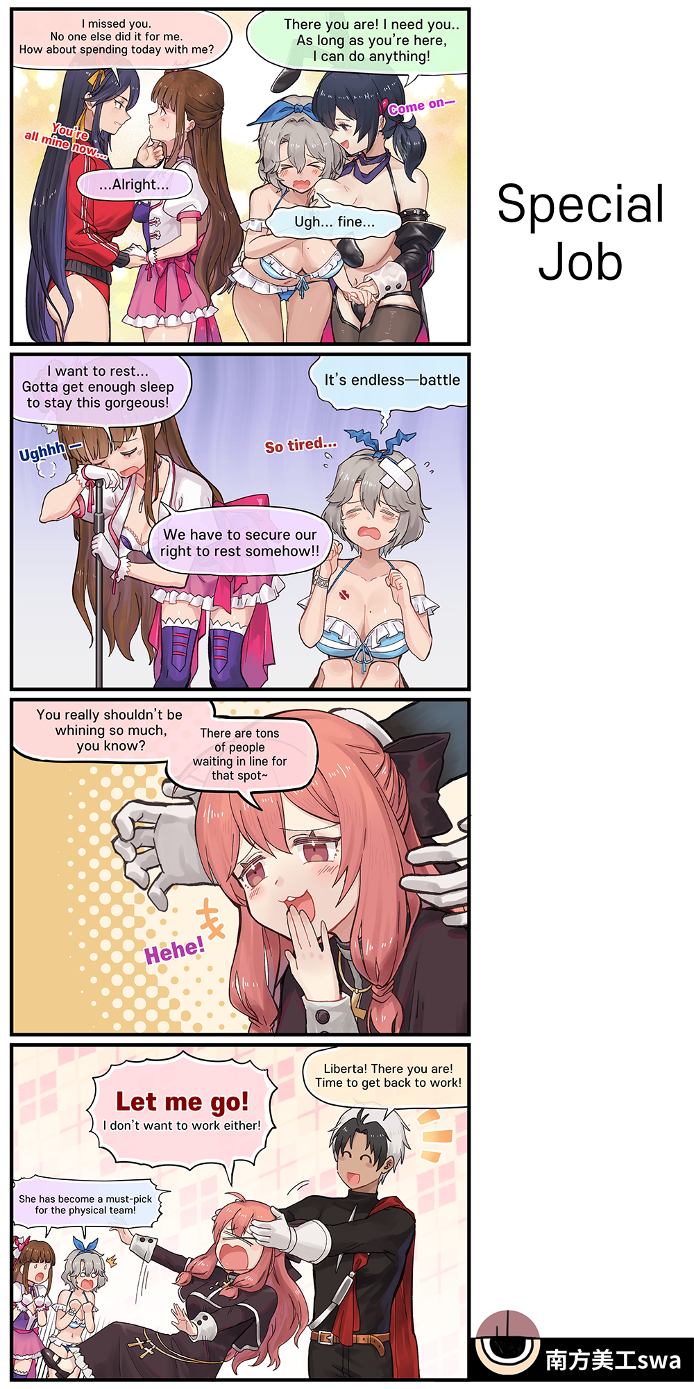 &gt;o&lt; 1girl 4girls ahoge animal_ears armlet bandage_on_hair belt bikini black_capelet black_dress black_hair black_pants black_pantyhose black_ribbon black_shirt blue_bikini breasts brown_dust_(series) brown_dust_2 brown_eyes brown_hair buruma cape capelet cleavage covering_own_mouth crying dress english_text fake_animal_ears frilled_bikini frills gameplay_mechanics gloves grabbing_another&#039;s_breast grabbing_another&#039;s_head grin groping hair_ribbon hand_on_another&#039;s_chin heart_maebari heart_pasties helena_(brown_dust) highres holding_hands jacket jewelry lathel_(brown_dust) laughing leaning_on_person levia_(brown_dust) liberta_(brown_dust_2) liberta_(dark_saintess)_(brown_dust_2) lipstick_mark lipstick_mark_on_breast loen_(brown_dust_2) loen_(celebrity_bunny)_(brown_dust_2) long_hair looking_at_another maebari medium_hair meme_attire meta mole mole_on_breast motion_lines multicolored_hair multiple_girls nun official_art ojou-sama_pose orange_hair pants pantyhose pasties pink_skirt purple_eyes purple_hair rabbit_ears red_buruma red_cape red_eyes red_jacket reverse_bunnysuit reverse_outfit ribbon second-party_source shirt short_hair skirt smile smug solid_circle_eyes speech_bubble spiked_armlet surprised swallow165 sweatdrop swimsuit teresse_(beachside_angel)_(brown_dust) teresse_(brown_dust) torn_clothes torn_pantyhose track_jacket two-tone_hair very_long_hair wavy_mouth white_gloves white_hair white_shirt white_wrist_cuffs wrist_cuffs yuri