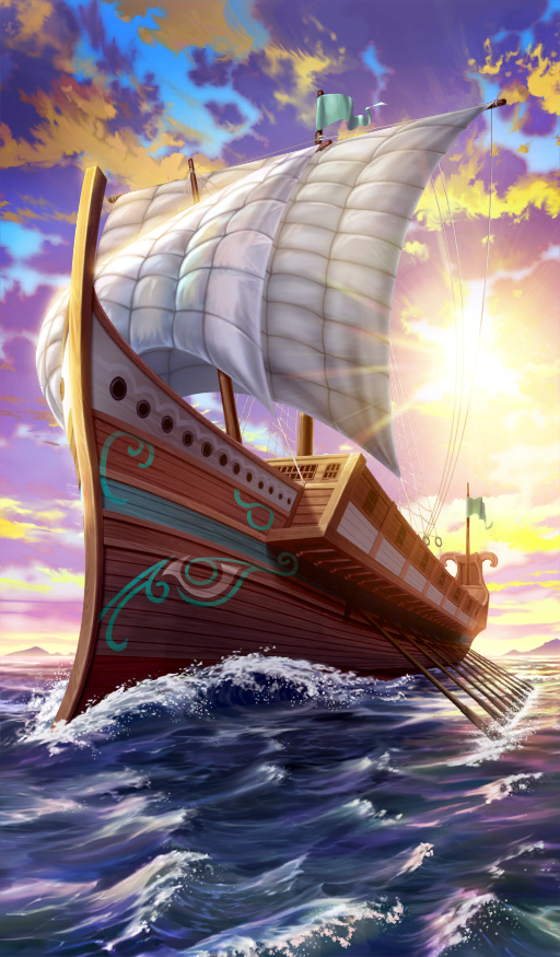 afloat boat cloud cloudy_sky commentary day fate/grand_order fate_(series) lasengle no_humans oar ocean official_art sailboat sky sun third-party_source watercraft