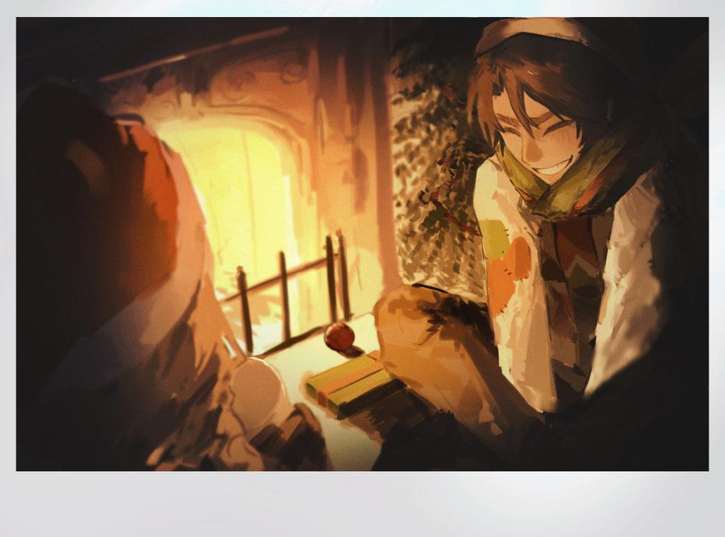 1boy 1girl black_pants blush brown_hair catherine_(project_moon) closed_eyes e.g.o_(project_moon) fireplace gift green_scarf hat heathcliff_(project_moon) holiday_(e.g.o) indoors limbus_company ling_zhiyun long_hair pants project_moon santa_hat scarf sitting sweater white_sweater