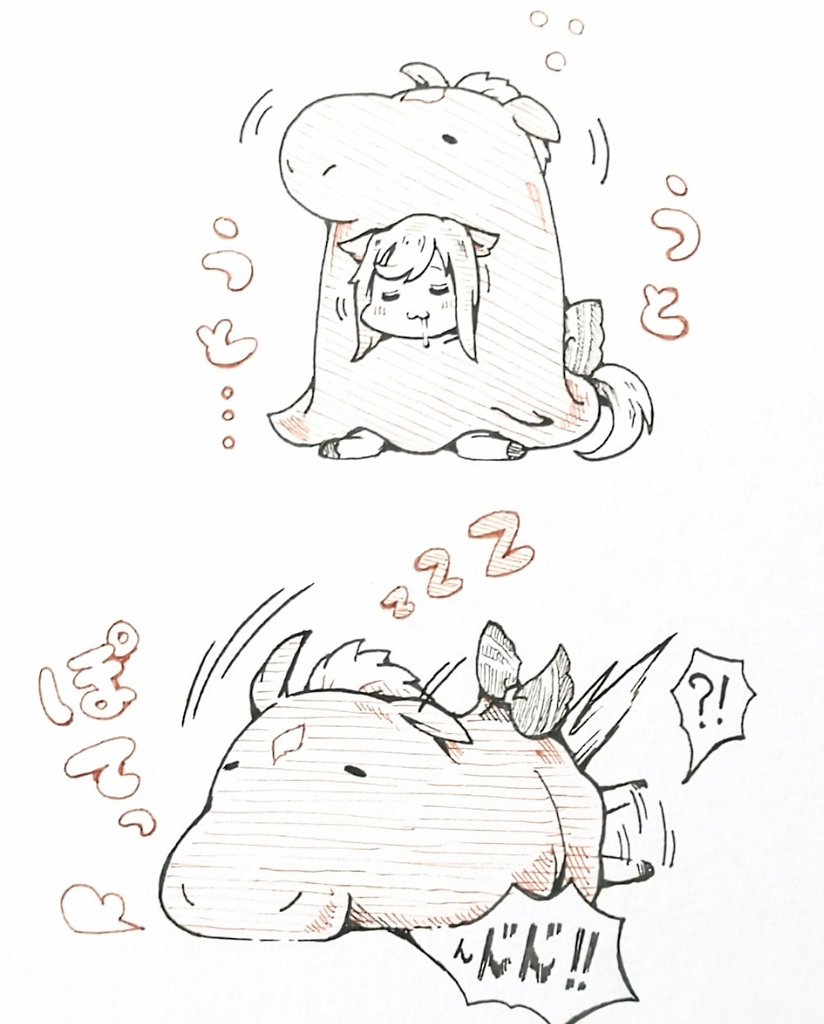 !? 1girl :3 agnes_digital_(racehorse) agnes_digital_(racehorse)_(cosplay) agnes_digital_(umamusume) animal_costume animal_ears back_bow bow chibi commentary_request cosplay drooling garyuu_ryuuga horse_costume horse_ears horse_girl horse_tail motion_lines real_life sidelocks sitting sleeping speech_bubble spoken_interrobang tail translation_request wariza