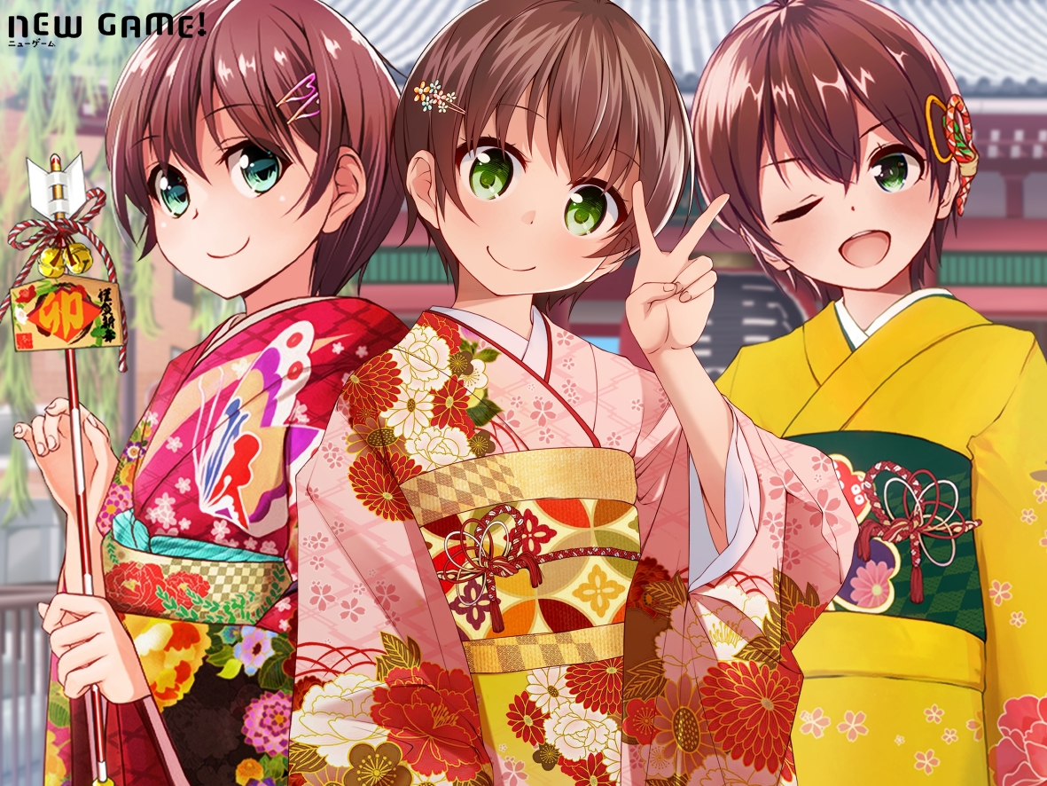 1girl 2025 chuutaro_metal copyright_name floral_print floral_print_kimono green_eyes hair_ornament hairpin japanese_clothes kimono looking_at_viewer multiple_views new_game! pink_kimono print_kimono sash shinoda_hajime short_hair smile upper_body v wide_sleeves yellow_kimono