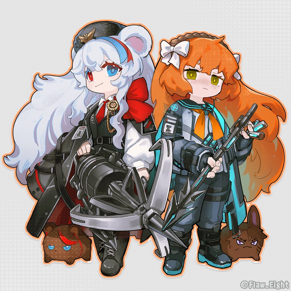 2girls animalization arknights black_coat bow brown_hairband closed_mouth coat coat_on_shoulders collared_shirt flaw_eight full_body fur_hat green_eyes hair_bow hairband hat heathcliff_(project_moon) heterochromia holding_harpoon ishmael_(project_moon) lcb_uniform_(project_moon) limbus_company long_hair looking_at_viewer multicolored_hair multiple_girls necktie orange_hair papakha project_moon rabbit red_necktie rhodes_island_logo_(arknights) rope rosa_(arknights) shirt sidelocks streaked_hair very_long_hair white_bow white_hair white_shirt zima_(arknights)