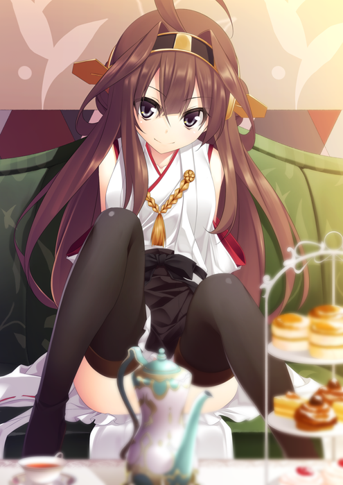 10s 1girl ahoge bad_id bad_pixiv_id black_boots black_thighhighs blurry blush boots brown_hair cake convenient_censoring couch cup depth_of_field detached_sleeves double_bun female_focus food green_upholstery hair_bun hairband headgear japanese_clothes kantai_collection kongou_(kancolle) long_hair looking_at_viewer matsuyama_nozomu nontraditional_miko sitting skirt smile solo tea teacup teapot thigh_boots thighhighs tiered_serving_stand tiered_tray