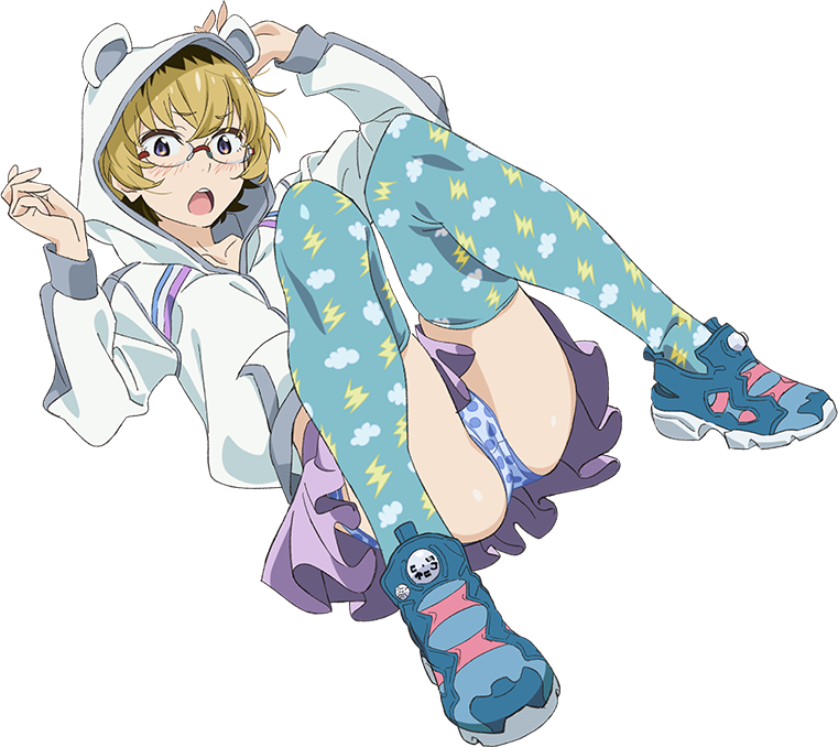 1girl animal_ears aqua_thighhighs ass blonde_hair blue_panties brown_hair cloud_print fake_animal_ears full_body hikiotani_ito hood hood_up hoodie lightning_bolt_print long_sleeves official_art open_mouth panties pleated_skirt polka_dot polka_dot_panties punch_line purple_eyes purple_skirt reebok reebok_pump rimless_eyewear round_eyewear shoes short_hair skirt sneakers solo thighhighs transparent_background underwear