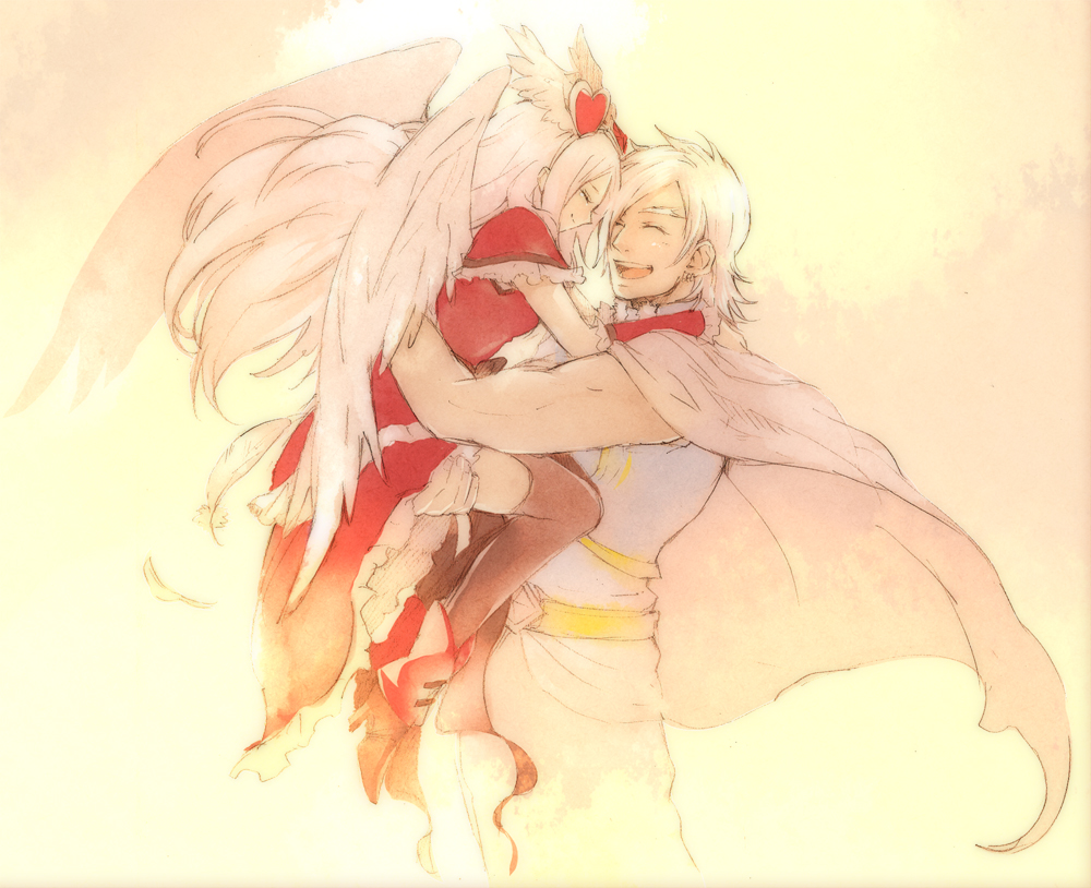 00s 1boy 1girl black_pantyhose cape carrying chiyo_(rotsurechiriha) closed_eyes couple cure_passion feathers fresh_precure! hair_ornament happy hetero higashi_setsuna long_hair magical_girl nishi_hayato pantyhose precure short_hair silver_hair smile tiara wester wester_(fresh_precure!) wings