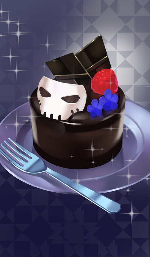 beppu_mitsunaka chocolate commentary cupcake fate/grand_order fate_(series) flower food food_focus fork fruit mask no_humans official_art plate purple_background purple_flower purple_theme raspberry skull_mask sparkle still_life third-party_source unworn_mask