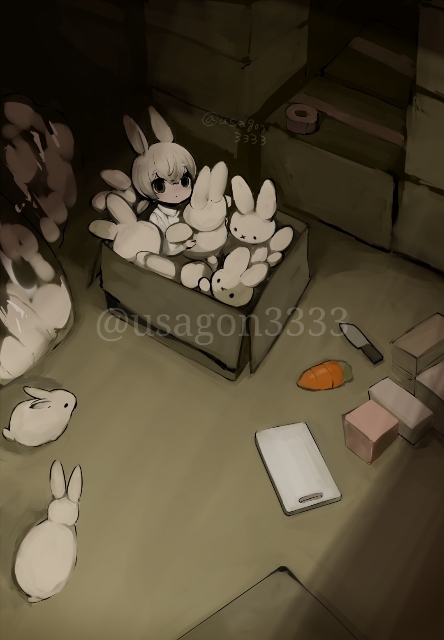1girl animal_ears artist_name black_eyes box cardboard_box carrot commentary_request cutting_board in_box in_container indoors knife looking_at_viewer original partial_commentary rabbit rabbit_ears rabbit_girl shirokujira sitting solo stuffed_animal stuffed_rabbit stuffed_toy twitter_username watermark white_hair white_rabbit_(animal) wide_shot