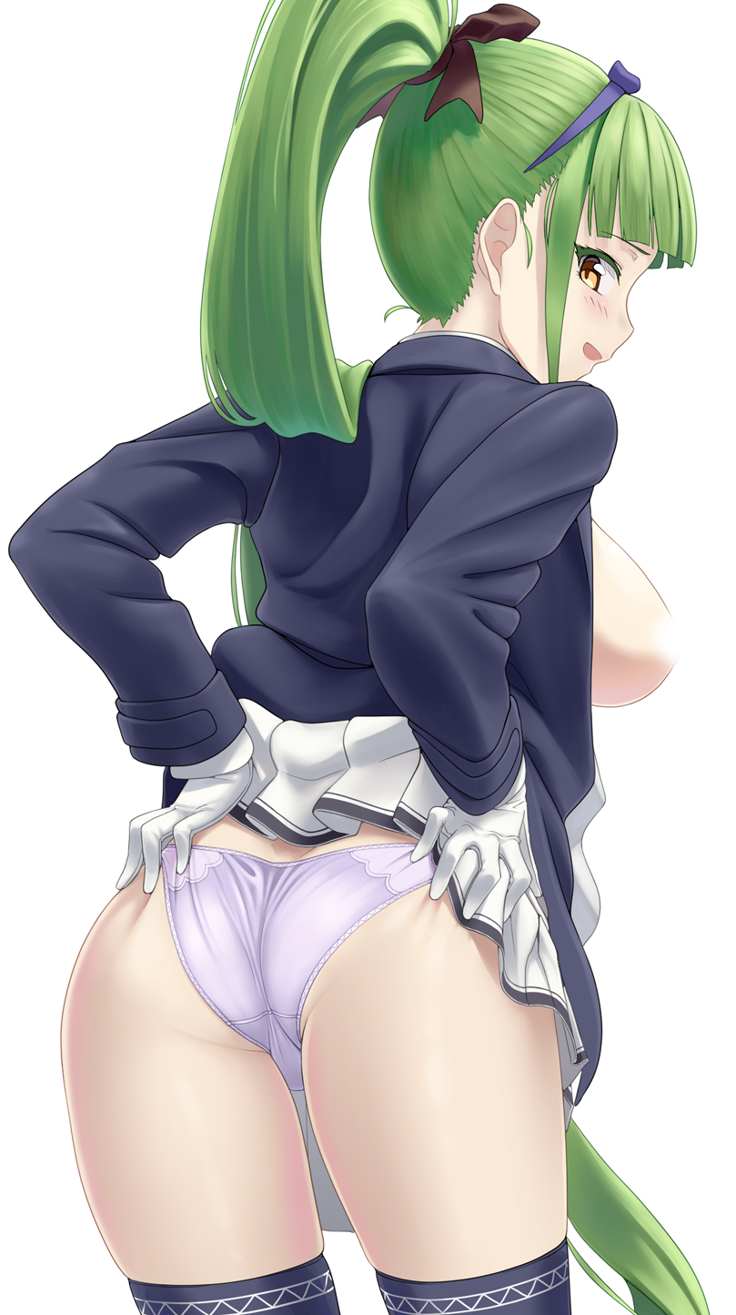1girl ass azur_lane black_bow blue_jacket blunt_bangs blush bow breasts censored censored_nipples clothes_lift cowboy_shot danbora from_behind gloves green_hair hair_bow high_ponytail highres jacket long_hair looking_at_viewer medium_breasts open_clothes open_jacket panties ponytail purple_panties shropshire_(azur_lane) sidelocks simple_background skirt skirt_lift solo underwear very_long_hair white_background white_gloves yellow_eyes