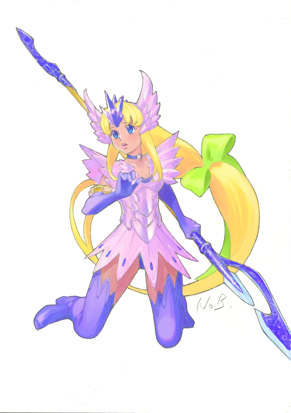 1girl armor blonde_hair blue_eyes bow choker dress full_body gloves helmet highres long_hair low-tied_long_hair open_mouth polearm riesz seiken_densetsu seiken_densetsu_3 simple_background solo spear very_long_hair weapon white_background winged_helmet yuuki_nobuteru