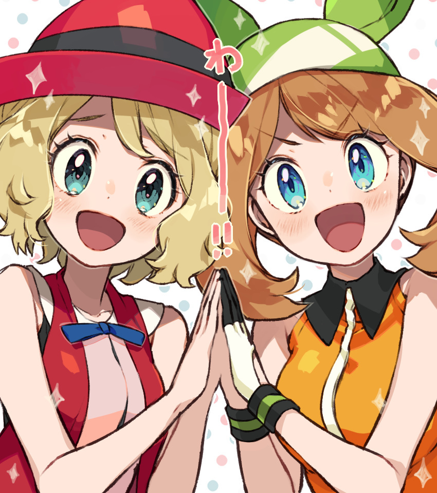 2girls :d bandana bare_arms blonde_hair blue_eyes blue_ribbon blush collarbone collared_dress commentary_request dress eyelashes gloves green_bandana green_eyes hands_up hat may_(pokemon) may_(pokemon_emerald) multiple_girls neck_ribbon nintendo open_mouth orange_dress pokemon pokemon_(anime) pokemon_dppt_(anime) pokemon_emerald pokemon_rse pokemon_xy_(anime) red_headwear ribbon sasairebun serena_(pokemon) short_hair sleeveless smile sparkle tongue white_gloves