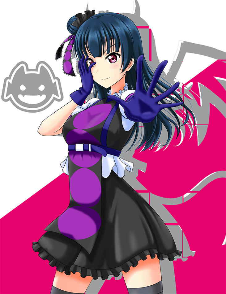 1girl 2019 arjend artist_name artist_request black_skirt black_thighhighs black_vest blue_gloves blue_hair blush braid center_frills collar collared_shirt cross-laced_footwear crown_braid elbow_gloves female_focus finger_to_cheek five flower frills full_body gloves guilty_kiss_(love_live!) hair_bun hair_flower hair_ornament hand_on_face long_hair long_sleeves looking_at_viewer love_live! love_live!_school_idol_festival love_live!_sunshine!! multiple_girls red_eyes red_hair shirt short_sleeves side_bun single_hair_bun skirt smile standing thighhighs tsushima_yoshiko vest