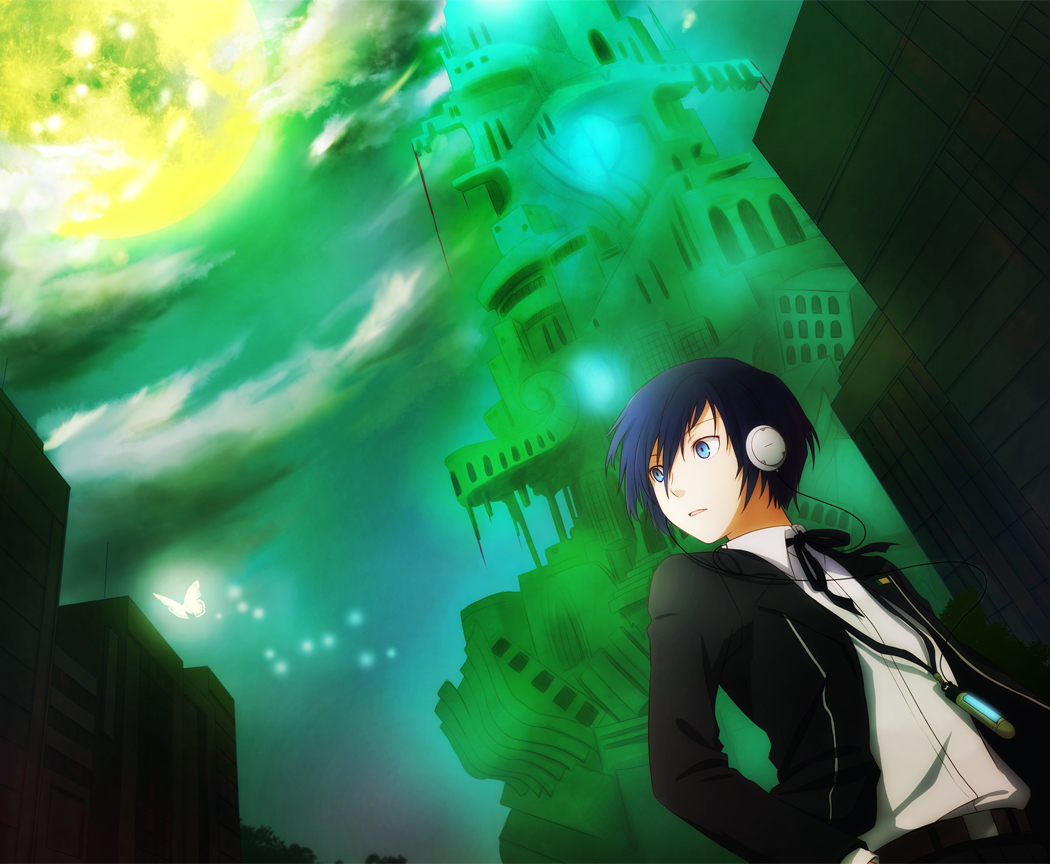 1boy arya_(tianhua) atlus blue_eyes blue_hair digital_media_player full_moon headphones male_focus matching_hair/eyes moon outdoors persona persona_3 school_uniform sky solo tartarus yuuki_makoto_(persona_3)
