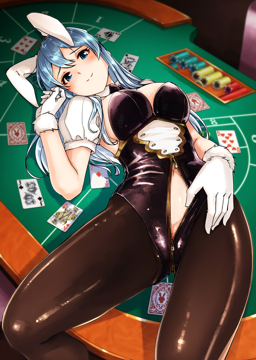 10s 1girl ace_(playing_card) ace_of_diamonds ace_of_spades animal_ears black_pantyhose blue_eyes blue_hair blush breasts card cleavage detached_collar diamond_(shape) fake_animal_ears female_focus gloves granblue_fantasy gustav_(telomere_na) highres jack_(playing_card) jack_of_clubs_(playing_card) joker_(playing_card) king_(playing_card) king_of_diamonds large_breasts leotard long_hair looking_at_viewer lying matching_hair/eyes navel on_back pantyhose playboy_bunny playing_card poker_chip poker_table pussy pussy_peek rabbit_ears solo spade_(shape) table therese_(granblue_fantasy) unzipped white_gloves zipper