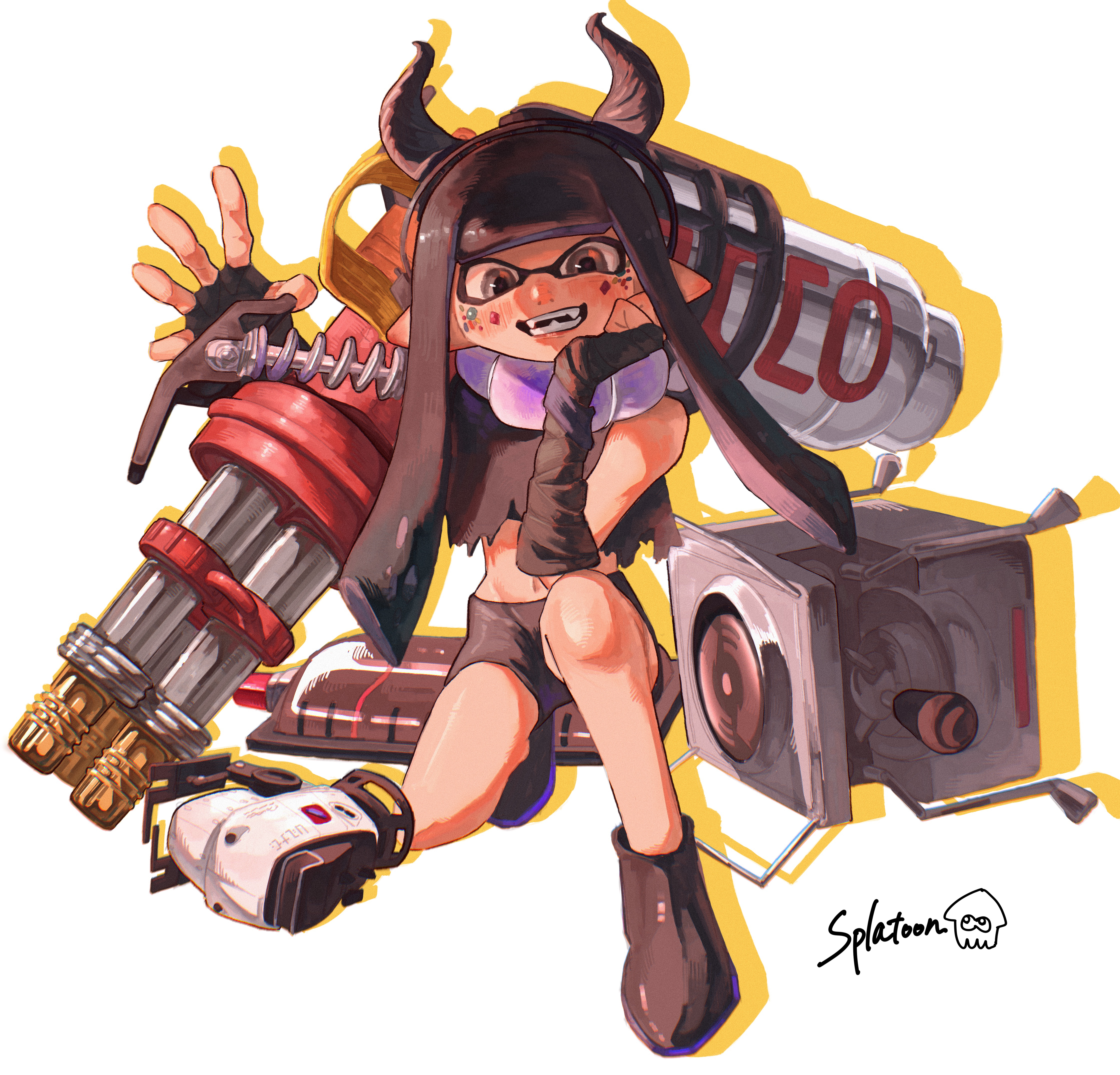 1girl absurdres arm_wrap autobomb_(splatoon) black_boots black_hair black_hairband black_shirt black_shorts blunt_bangs boots choker commentary_request copyright_name crop_top drop_shadow fake_horns fangs full_body grey_eyes groin hairband hand_on_own_cheek hand_on_own_face highres horn_hairband horns hydra_splatling_(splatoon) ink_tank_(splatoon) inkling inkling_girl inkling_player_character jewel_under_eye long_hair looking_at_viewer midriff navel nintendo on_one_knee open_hand open_mouth pointy_ears shirt shorts smile solo sorede_(s0rdneee16) splatoon_(series) splatoon_3 tentacle_hair torn_clothes torn_shirt white_background white_choker