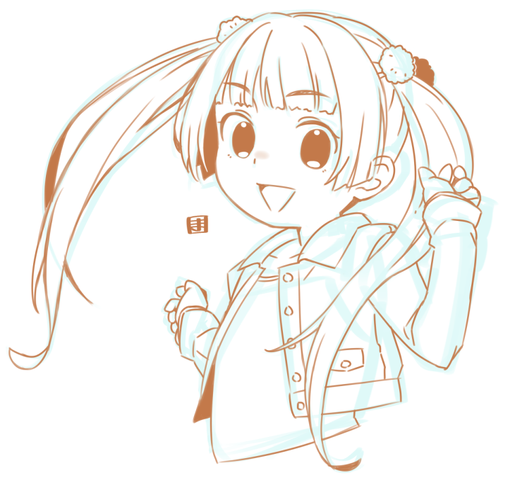 1girl :&gt; collared_jacket commentary_request cropped_torso hands_up idolmaster idolmaster_cinderella_girls jacket long_hair looking_at_viewer mawaru_(mawaru) open_clothes open_jacket open_mouth shirt simple_background sketch smile solo twintails upper_body very_long_hair white_background yokoyama_chika