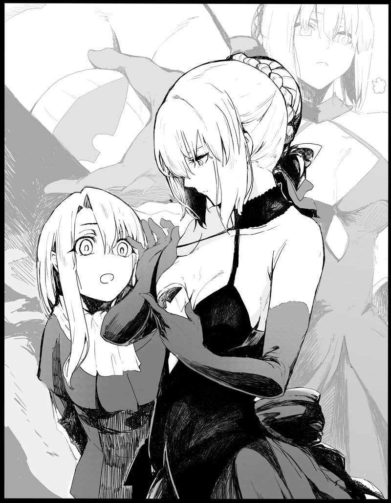 2girls arms_behind_back artoria_pendragon_(fate) braid braided_bun breast_padding breasts closed_mouth dress elbow_gloves expressionless eyelashes fate/stay_night fate_(series) gloves greyscale hair_bun hair_ribbon halter_dress halterneck holding illyasviel_von_einzbern looking_at_another looking_down medium_breasts monochrome multiple_girls open_mouth puff_of_air ribbon saber_alter saber_alter_(final_ascension) scarf short_hair sidelocks sleeveless sleeveless_dress surprised syatey upper_body zoom_layer
