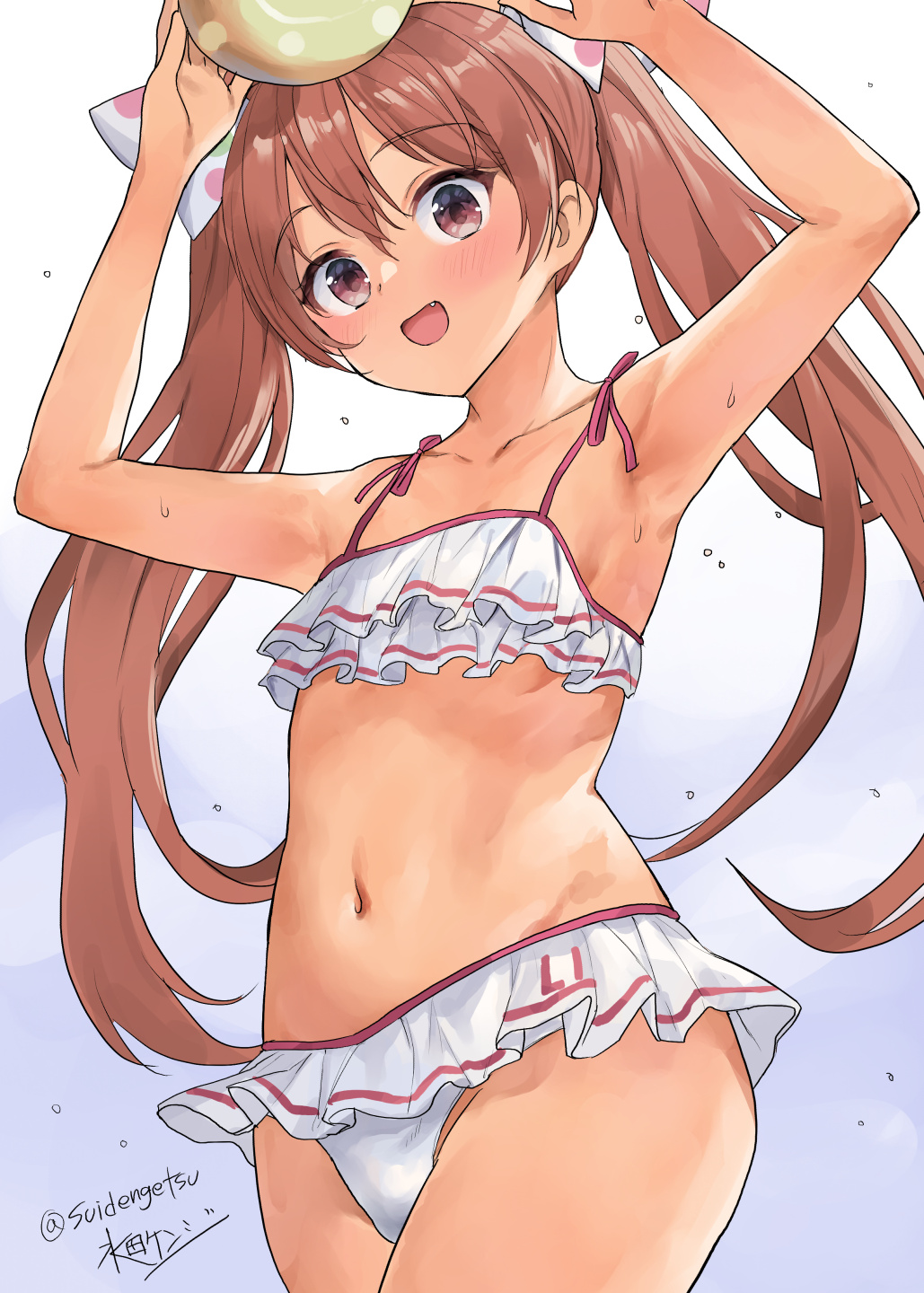 1girl ball bikini bikini_skirt brown_eyes brown_hair cowboy_shot dark-skinned_female dark_skin frilled_bikini frills highres kantai_collection libeccio_(kancolle) libeccio_(swimsuit)_(kancolle) long_hair mizuta_kenji navel official_alternate_costume one-hour_drawing_challenge polka_dot polka_dot_ribbon ribbon smile solo swimsuit twintails white_bikini