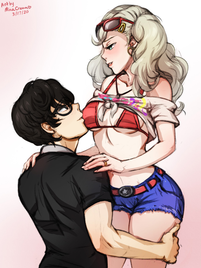 1boy 1girl amamiya_ren back bare_shoulders belt black_hair black_shirt blue_eyes bra breasts cleavage dated glasses gradient_background hand_on_another&#039;s_shoulder hand_on_another&#039;s_thigh hetero jewelry kneeling mina_cream persona persona_5 red_bra ring shirt shirt_rolled_up short_shorts shorts standing takamaki_anne twintails underboob underwear