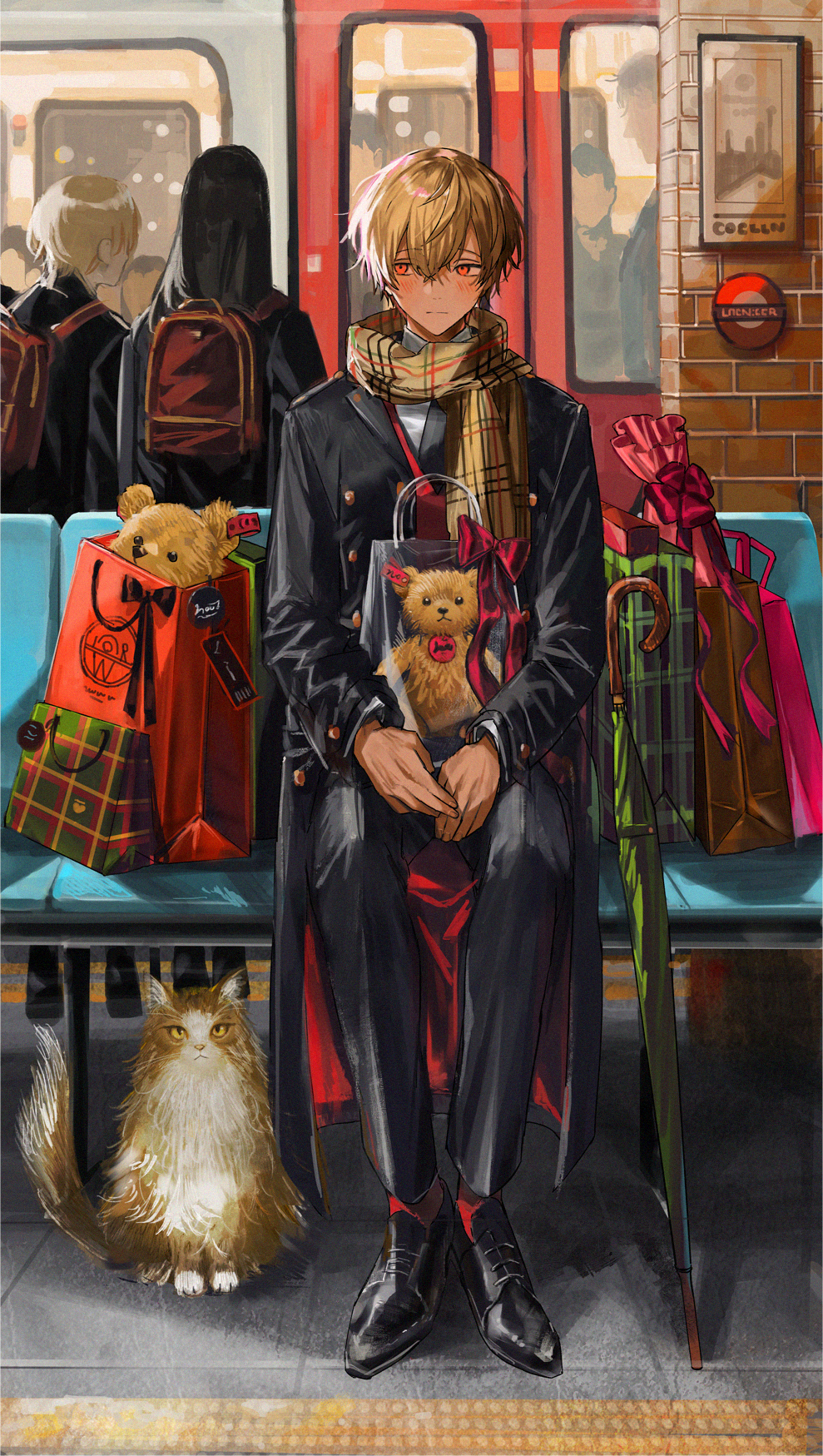 1boy bag black_coat black_pants black_shoes blonde_hair blush bow brick_wall butler butler_(nana_tetra) cat checkered_clothes checkered_scarf closed_mouth coat collared_shirt commentary_request dark-skinned_male dark_skin full_body green_umbrella hair_between_eyes highres holding holding_bag looking_to_the_side male_focus nana_tetra original outdoors own_hands_together pants people red_bow red_eyes red_socks scarf shirt shoes shopping_bag short_hair sitting socks solo_focus stuffed_animal stuffed_toy teddy_bear train train_station umbrella white_shirt