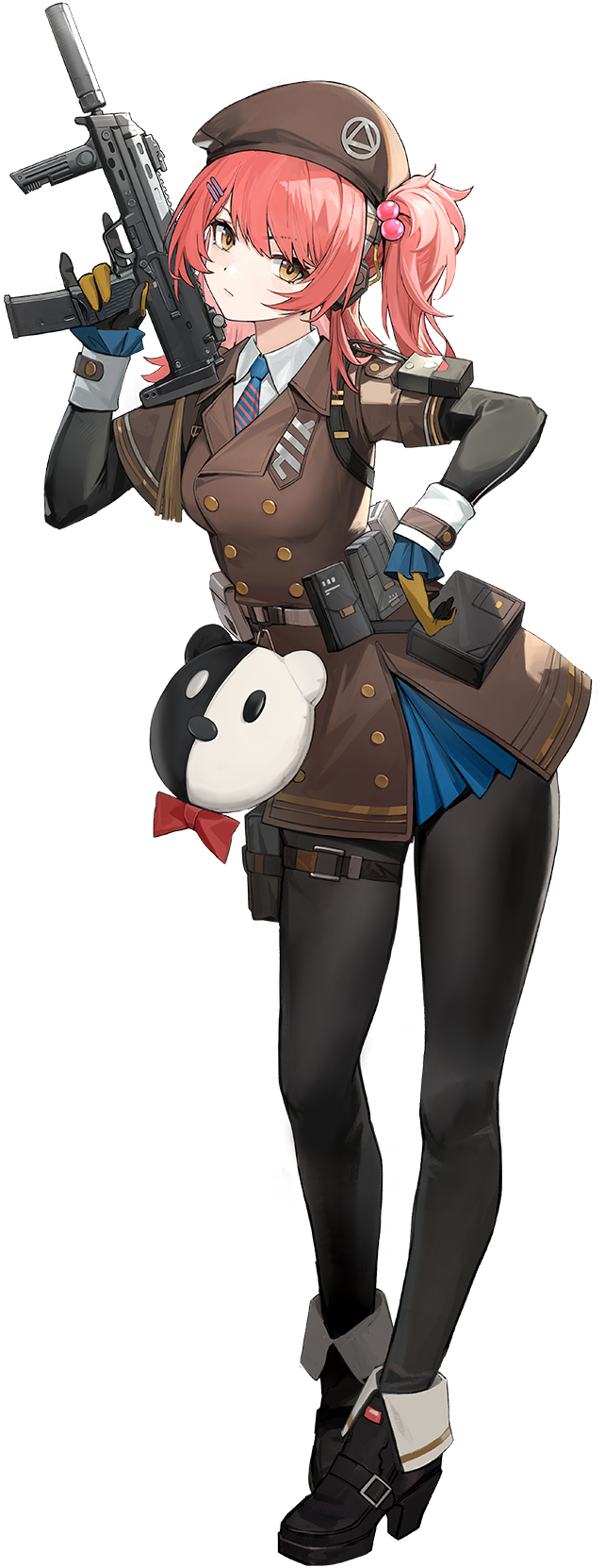 1girl ankle_boots arm_pouch bear_charm belt_pouch beret black_boots black_gloves black_pantyhose blue_necktie boots brown_coat brown_hat buttons cheeta_(girls&#039;_frontline_2) coat coat_dress collared_shirt dress full_body girls&#039;_frontline girls&#039;_frontline_2:_exilium gloves gun h&amp;k_mp7 hand_on_own_hip hand_up hat high_heels highres holding holding_gun holding_weapon layered_sleeves long_hair long_sleeves looking_at_viewer mp7_(girls&#039;_frontline) necktie nuanpapa official_art one_side_up pantyhose pouch red_hair shirt short_dress short_sleeves solo standing submachine_gun transparent_background weapon white_shirt yellow_eyes