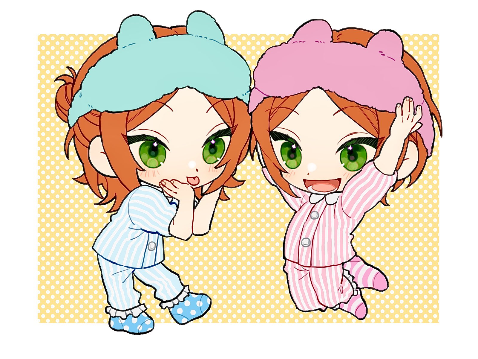 2boys :d :p aoi_hinata aoi_yuta buttons chibi ensemble_stars! green_eyes hair_bun half_updo hands_on_own_face highres jumping male_focus medium_hair multiple_boys open_mouth orange_hair pajamas parted_bangs polka_dot polka_dot_background polka_dot_socks short_hair siblings sleep_mask smile socks striped_clothes striped_socks tawa_(eraremmm) tongue tongue_out tsurime twins