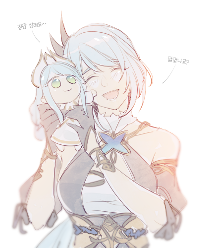 1girl bare_shoulders blue_hair breasts chibi etain_(mabinogi) holding_chibi large_breasts low_ponytail lowres mabinogi ponytail rian_(bdl) simple_background smile