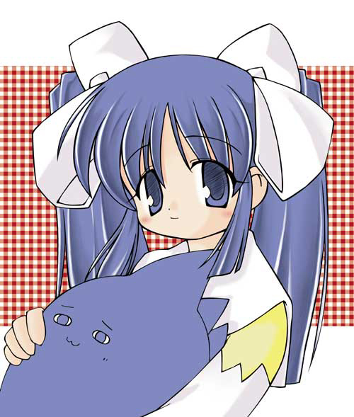 1girl 2000s_(style) :3 bad_id blue_eyes blue_hair blush bow closed_mouth gingham_background hair_bow long_hair looking_at_viewer red_background sakura_(ukagaka) shirt smile solo sou_ryuu twintails ukagaka unyuu upper_body white_bow white_shirt
