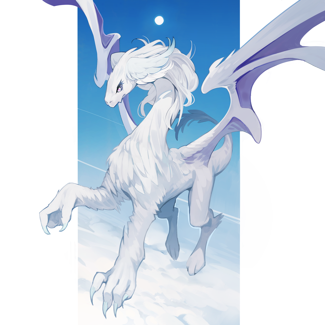 above_clouds blue_sky border cloud commentary dragon fang flying head_wings horizon huge_claws kamameshi_gougoumaru no_humans original purple_eyes skin_fang sky sun symbol-shaped_pupils white_border wings x-shaped_pupils