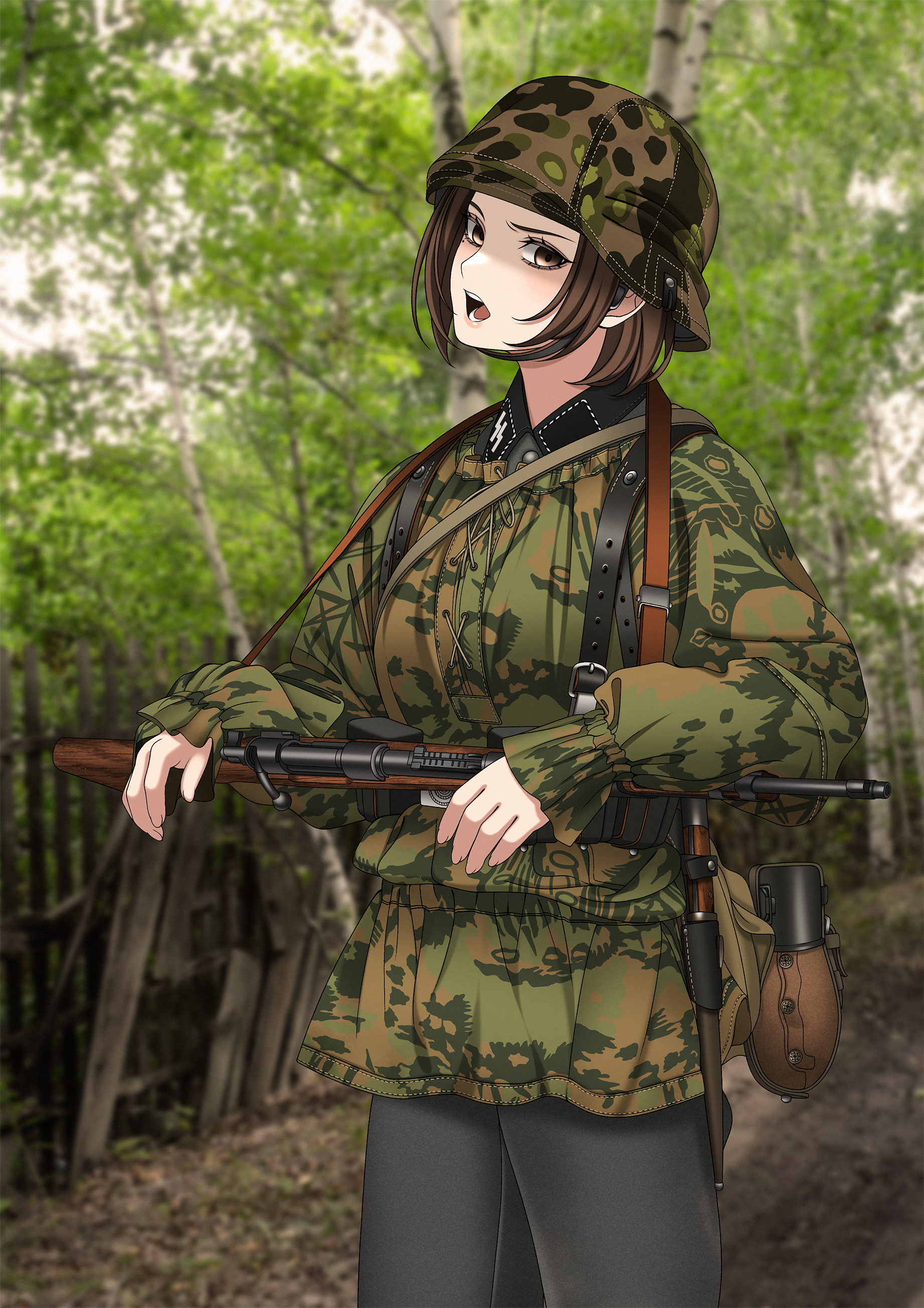 1girl absurdres ammunition_pouch bayonet belt blurry blurry_background bolt_action brown_eyes brown_hair buttons camouflage camouflage_headwear camouflage_jacket canteen chin_strap collar_tabs combat_helmet commentary forest grey_jacket gun gun_sling helmet highres holding holding_gun holding_weapon jacket keiita load_bearing_equipment long_sleeves looking_at_viewer mauser_98 military military_jacket military_uniform nature nazi open_mouth original outdoors pants pouch rifle short_hair sidelocks soldier solo ss_insignia ss_uniform stahlhelm teeth upper_body waffen-ss weapon woodland_camouflage world_war_ii