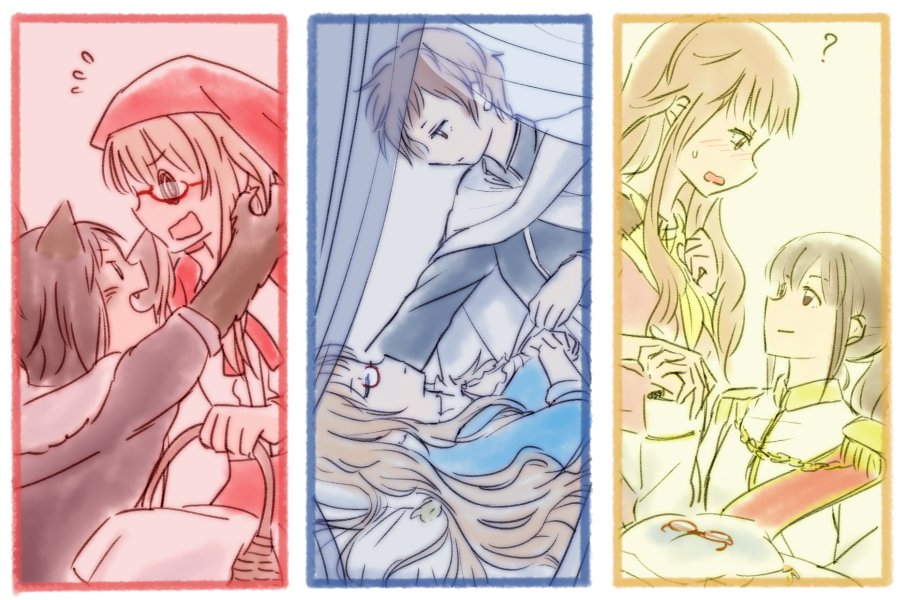 6+girls ? @_@ animal_ears ano_fuji basket big_bad_wolf big_bad_wolf_(cosplay) blush brown_hair cinderella_(fairy_tale) cinderella_(fairy_tale_character) cinderella_(fairy_tale_character)_(cosplay) commentary cosplay english_commentary epaulettes fang glasses holding_hands komano_hina little_red_riding_hood_(fairy_tale) little_red_riding_hood_(fairy_tale_character) little_red_riding_hood_(fairy_tale_character)_(cosplay) long_hair looking_at_another miyama_nena mukiki multiple_girls multiple_persona okujou_no_yurirei-san open_mouth pillow red-framed_eyewear red_hood semi-rimless_eyewear short_hair sleeping_beauty_(character)_(cosplay) sleeping_beauty_(disney) sleeping_beauty_(fairy_tale) sleeping_beauty_(fairy_tale_character) sweatdrop toomi_yuna under-rim_eyewear unworn_eyewear wolf_ears yuri