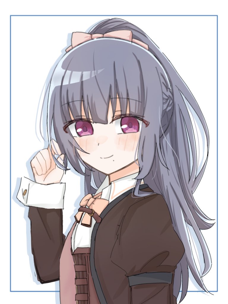 1girl arm_at_side assault_lily blue_bow blush bow bowtie braid brown_jacket closed_mouth collared_shirt commentary corset drop_shadow from_side fukuyama_jeanne_sachie grey_hair hair_bow half_up_braid half_updo hand_up inset_border jacket juliet_sleeves long_hair long_sleeves looking_at_viewer looking_to_the_side ludvico_private_girls&#039;_academy_school_uniform mole mole_under_mouth open_clothes open_jacket outside_border pink_bow pink_bowtie pink_eyes puffy_sleeves sana_(hs_yp1) school_uniform shirt simple_background smile solo underbust upper_body white_background white_shirt