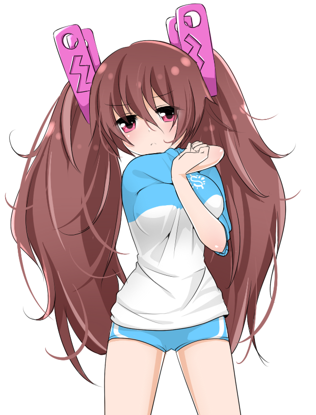 1girl battle_girl_high_school blush brown_hair closed_mouth cowboy_shot e_ri_ka_006 frown gym_uniform hair_between_eyes hair_ornament hairclip long_hair looking_at_viewer red_eyes short_shorts short_sleeves shorts simple_background solo stretching tsubuzaki_anko twintails very_long_hair white_background