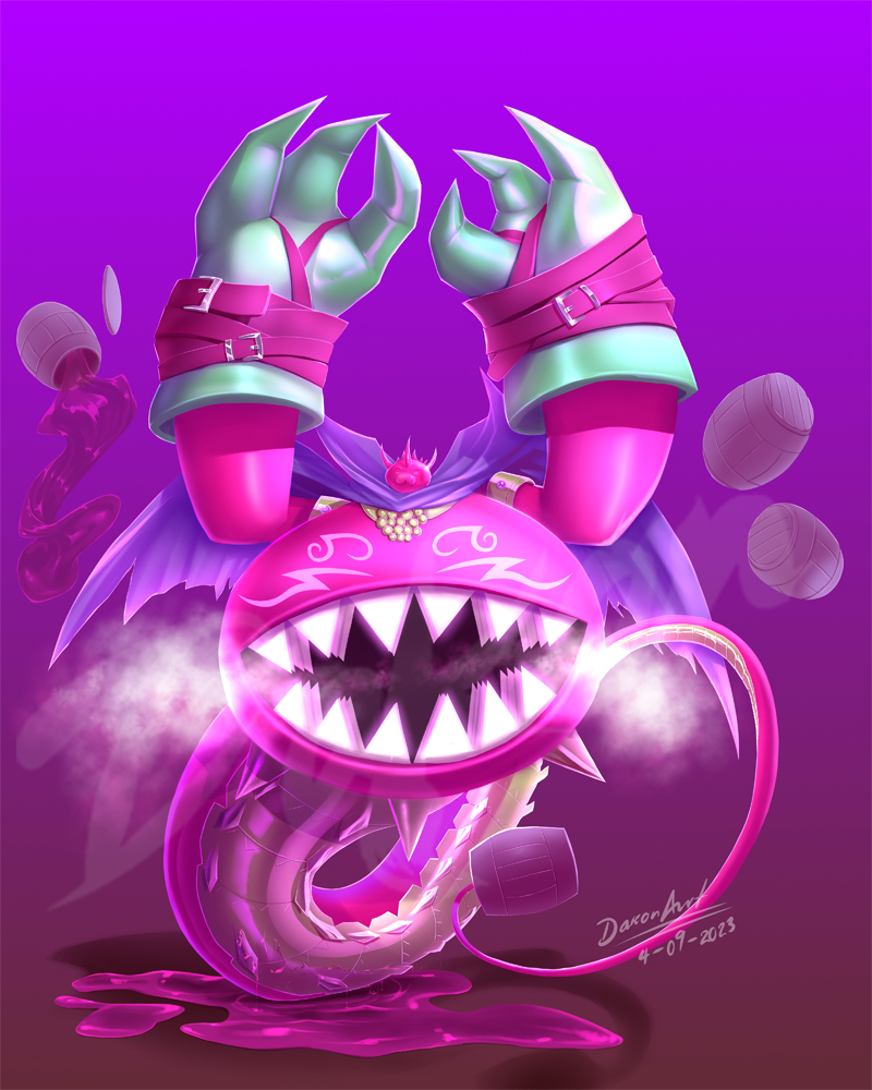 bacchusmon belt cape digimon digimon_(creature) olympos_xii open_mouth red_wine sharp_teeth solo tail teeth wine