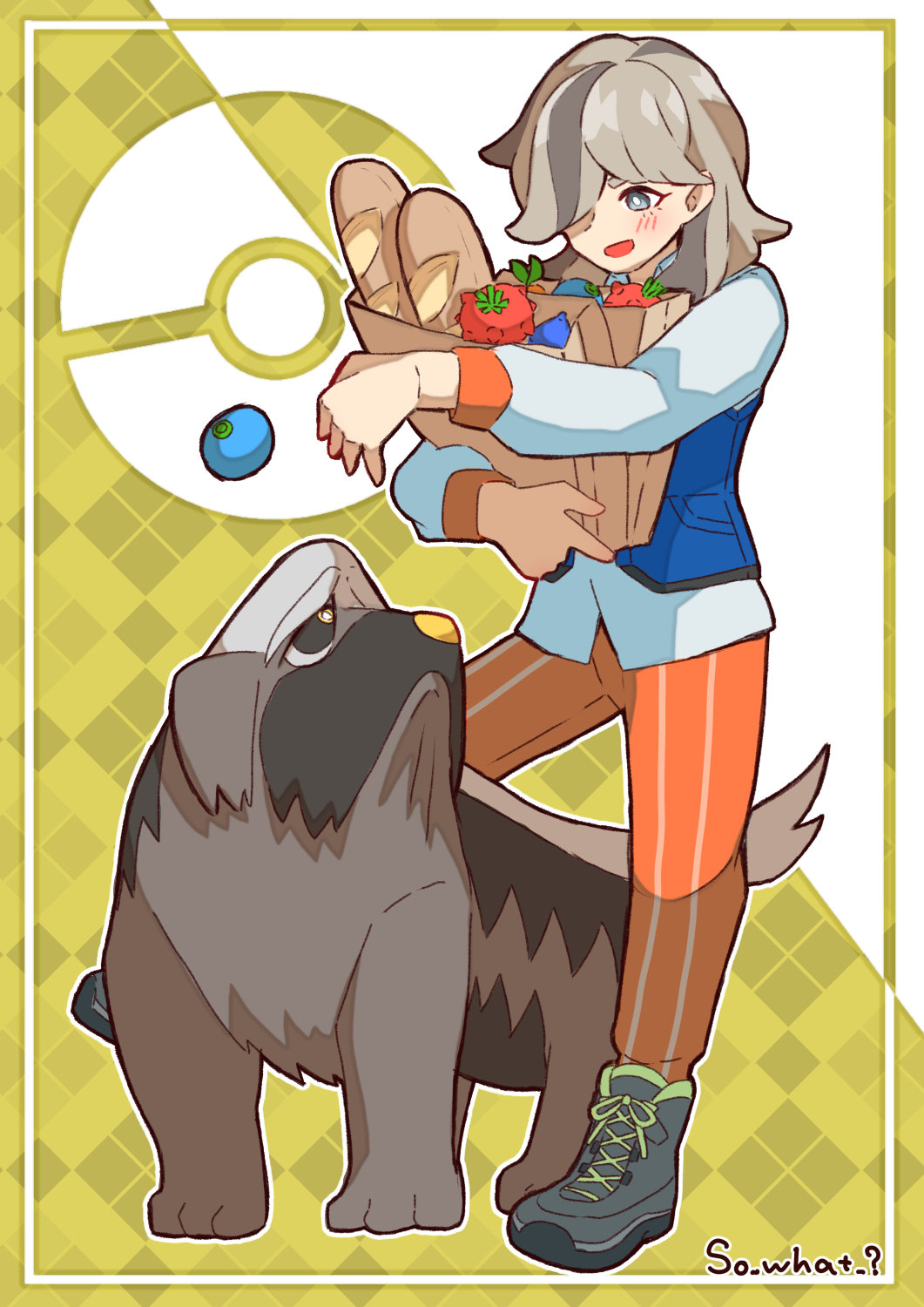 1boy arven_(pokemon) bag berry_(pokemon) blue_vest blush boots bread brown_hair commentary_request food hair_over_one_eye highres holding looking_down mabosstiff male_focus nintendo open_mouth orange_pants pants paper_bag poke_ball_symbol pokemon pokemon_(creature) pokemon_sv shirt smile so_what216 standing tamato_berry vest