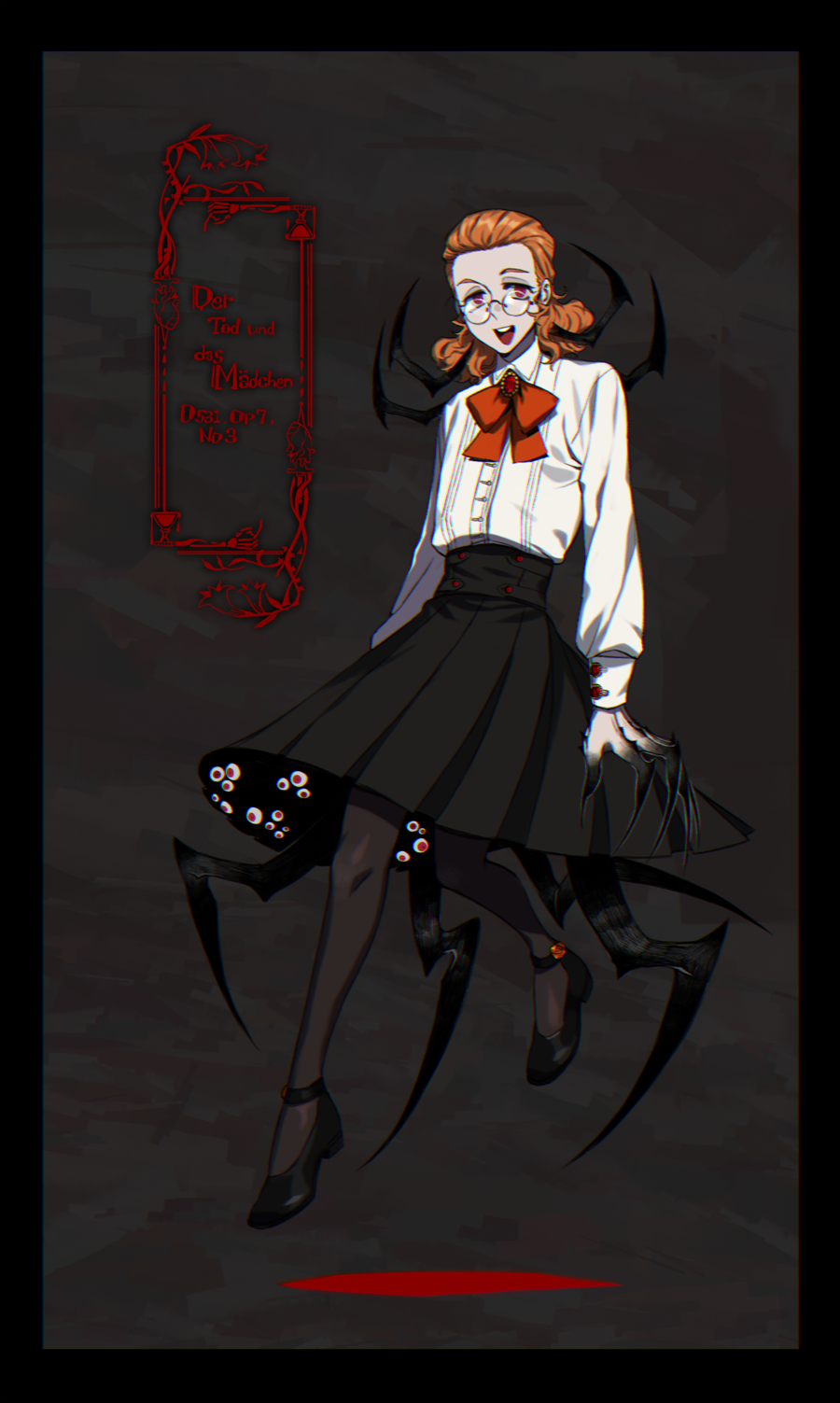 1girl black_background black_border black_footwear black_pantyhose border brown_hair buttons classicaloid claws collared_shirt dress_shirt eyeball franz_schubert_(classicaloid) full_body genderswap genderswap_(mtf) glasses highres long_sleeves open_mouth orange_ribbon pantyhose pink_eyes ribbon sf_jd shirt short_hair solo song_name teeth upper_teeth_only white_shirt