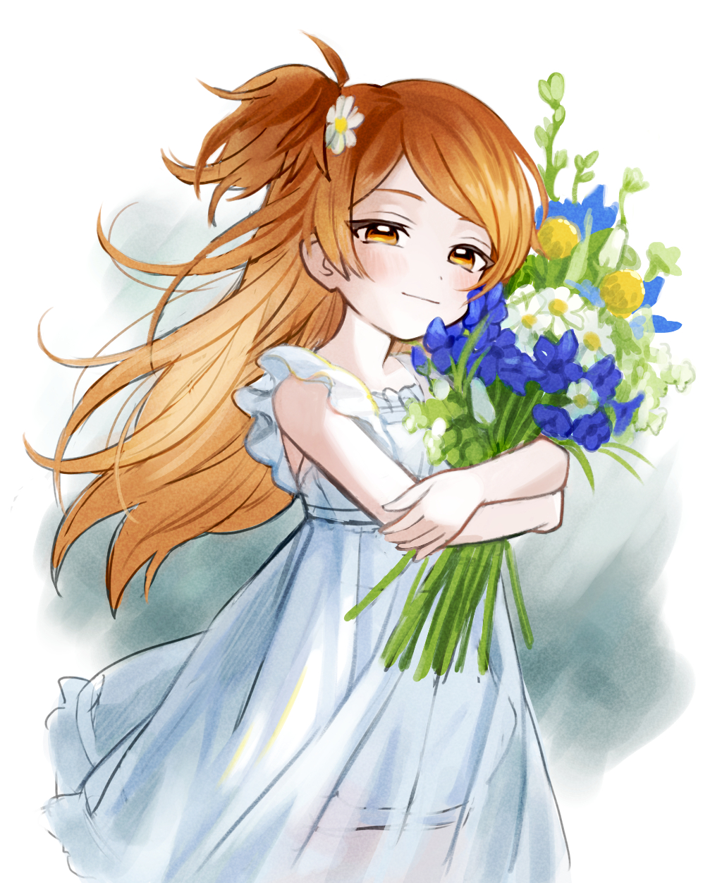 1girl blue_flower bouquet commentary_request dress flower frilled_dress frills fukakuteisei hair_flower hair_ornament half-closed_eyes highres holding holding_bouquet idolmaster idolmaster_million_live! light_blush long_hair looking_at_viewer ogami_tamaki orange_eyes orange_hair side_ponytail sidelocks sleeveless sleeveless_dress smile solo white_background white_dress white_flower yellow_flower