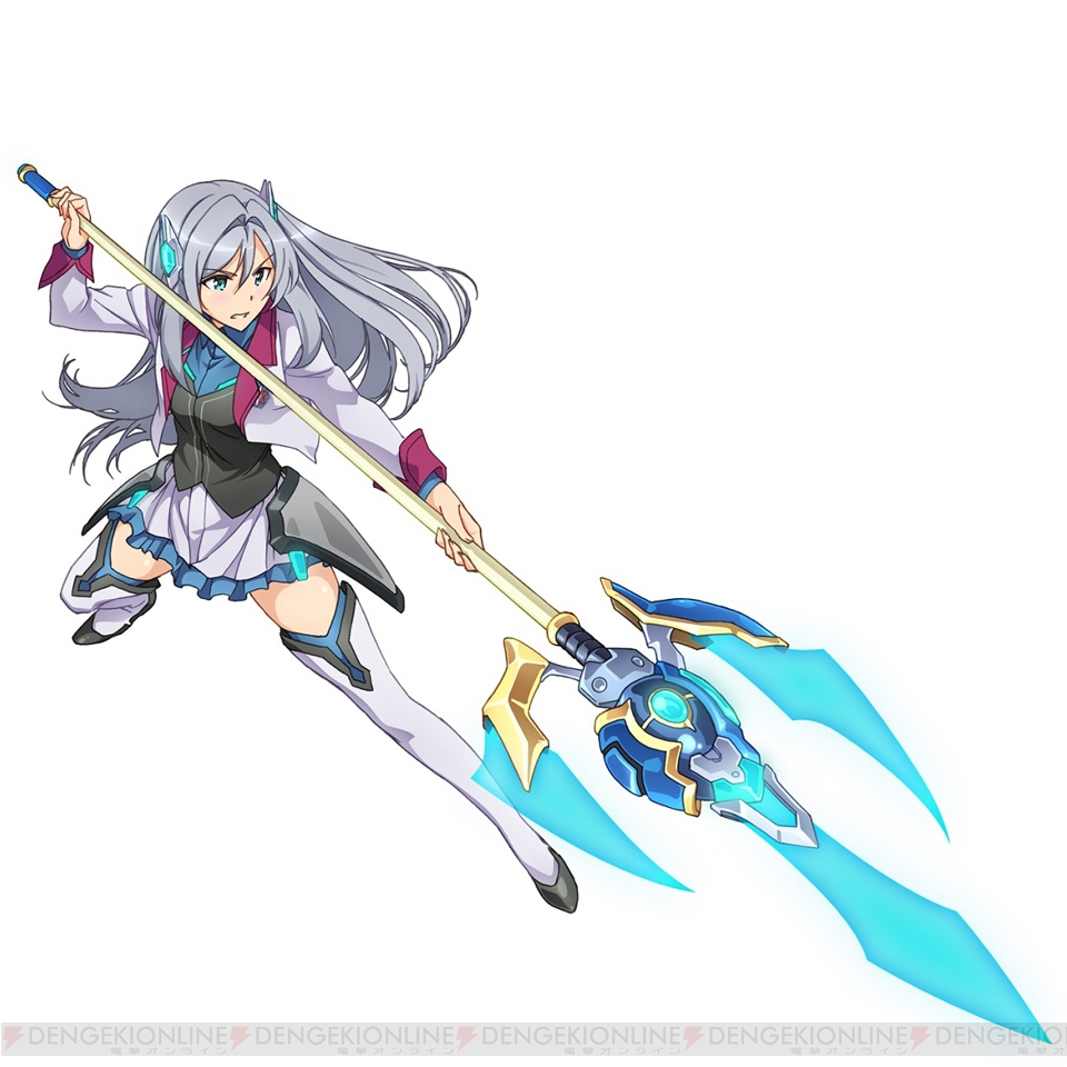 10s 1girl blue_eyes boots breasts colored_skin dengeki female_focus full_body gakusen_toshi_asterisk holding holding_weapon katie_uniacke kawakami_tetsuya long_hair long_sleeves polearm school_uniform silver_hair skirt solo trident weapon white_skin