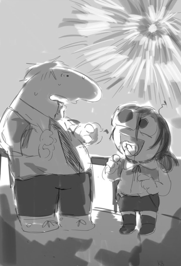 blood chainsaw_man collared_shirt denji_(chainsaw_man) fireworks formal_clothes greyscale k80000000o monochrome necktie reze_(chainsaw_man) shirt skirt smile smiling_friends suit