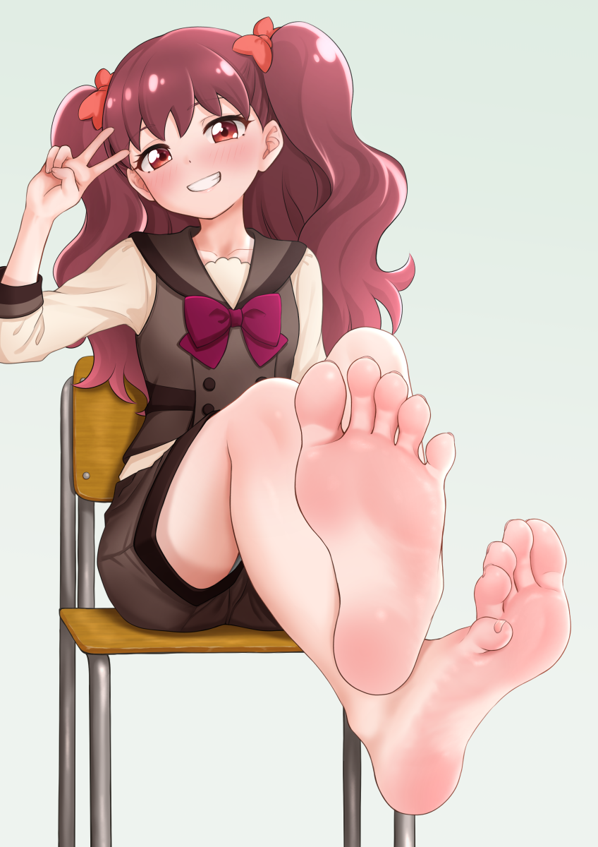 1girl arm_up barefoot blush bow bowtie brown_sailor_collar brown_shorts brown_vest collared_vest commentary_request feet foot_focus full_body grin highres hinosaki kanie_(precure) long_hair looking_at_viewer on_chair orange_bow precure purple_bow purple_bowtie red_eyes red_hair sailor_collar school_uniform second_wangan_school_uniform shorts simple_background sitting smile soles solo toenails toes twintails v vest white_background wonderful_precure!