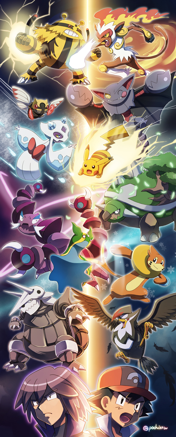 &gt;:( &gt;:o 2boys :o aggron ash_ketchum baseball_cap buizel drapion electivire electricity froslass frown gastrodon gastrodon_(east) gen_1_pokemon gen_3_pokemon gen_4_pokemon gliscor hat highres infernape multiple_boys ninjask nintendo paul_(pokemon) pikachu pochi_(furaigonn) pokemon pokemon_(anime) pokemon_(creature) pokemon_dppt_(anime) short_hair staraptor torterra twitter_username v-shaped_eyebrows