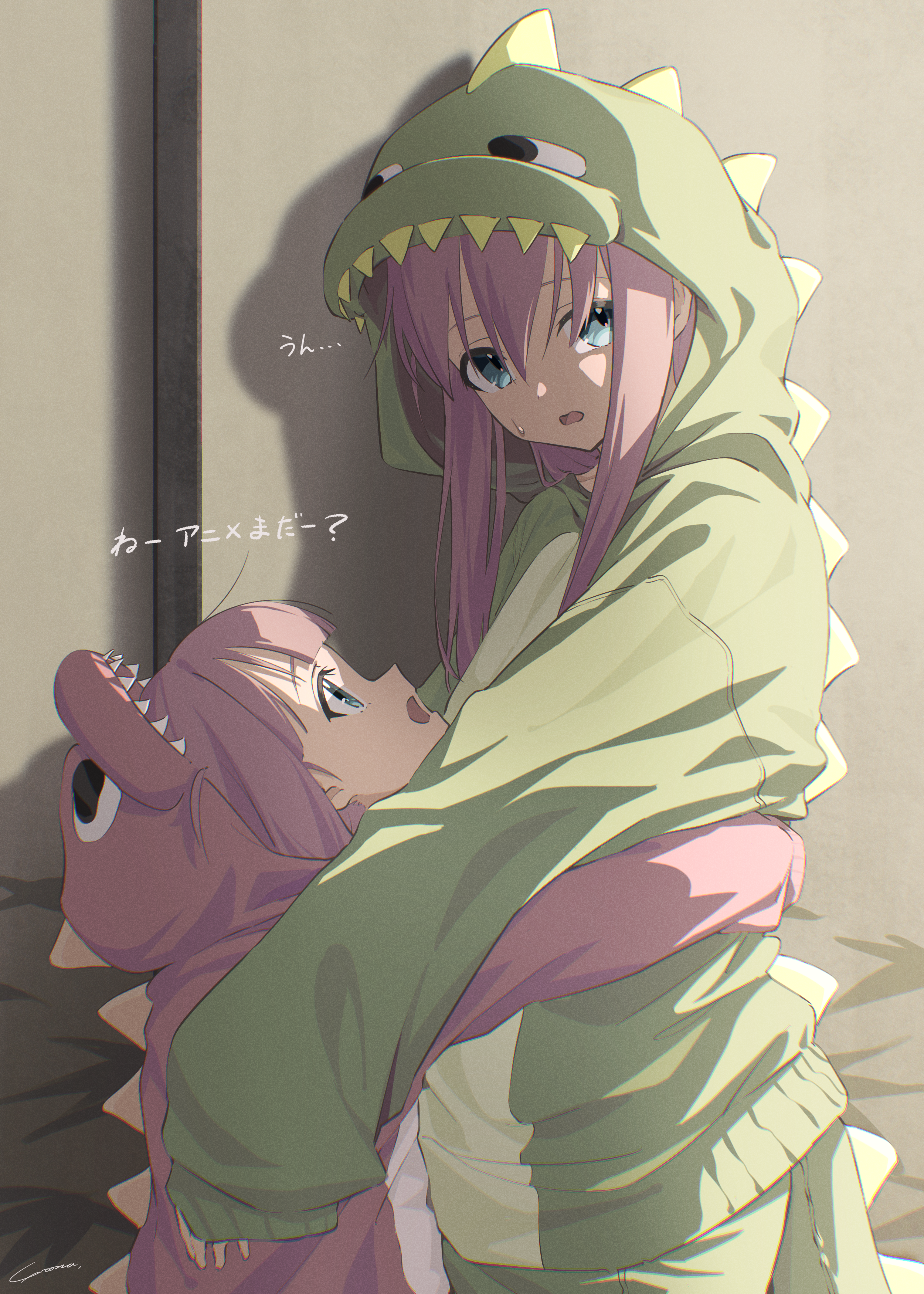 2girls absurdres blue_eyes bocchi_the_rock! dinosaur_costume gotoh_futari gotoh_hitori green_jumpsuit hair_between_eyes highres hug jumpsuit long_hair looking_at_another looking_at_viewer multiple_girls open_mouth pink_hair pink_jumpsuit siblings sidelocks sisters sweatdrop yo_na